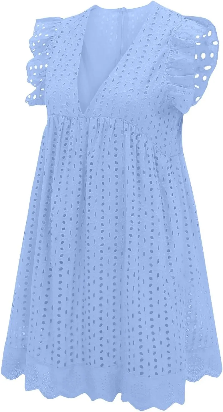 Eyelet Dress for Women 2025 Sleeveless Ruffle Jacquard Lace Cutout Mini Dresses V Neck Loose Boho Beach Vacation Sundresses