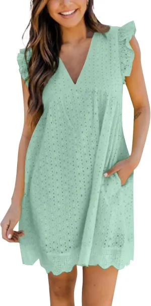 Eyelet Dress for Women 2025 Sleeveless Ruffle Jacquard Lace Cutout Mini Dresses V Neck Loose Boho Beach Vacation Sundresses