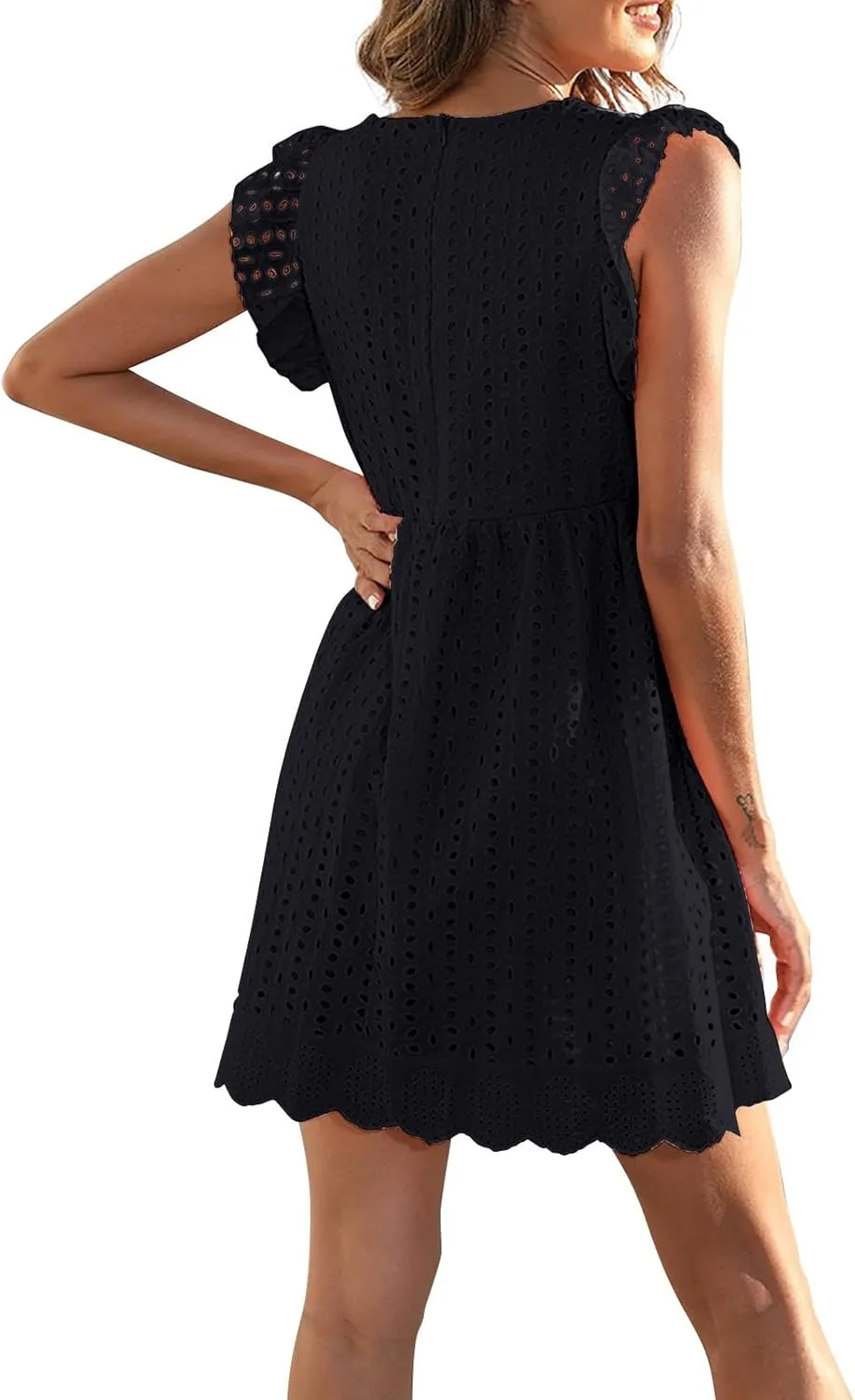 Eyelet Dress for Women 2025 Sleeveless Ruffle Jacquard Lace Cutout Mini Dresses V Neck Loose Boho Beach Vacation Sundresses