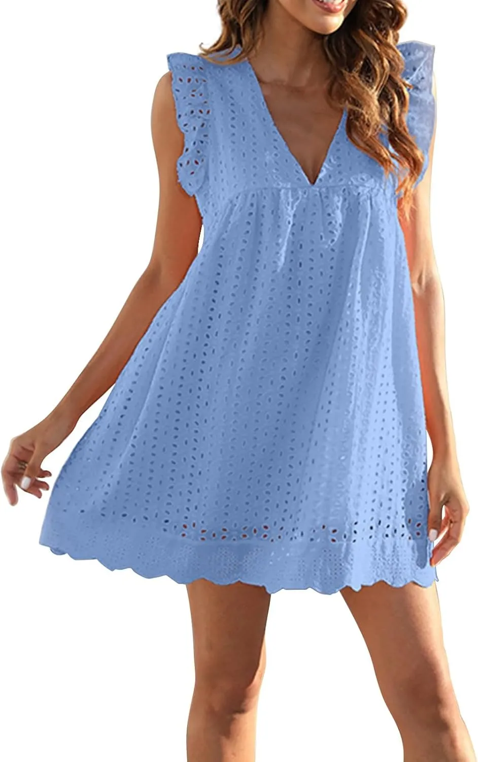 Eyelet Dress for Women 2025 Sleeveless Ruffle Jacquard Lace Cutout Mini Dresses V Neck Loose Boho Beach Vacation Sundresses