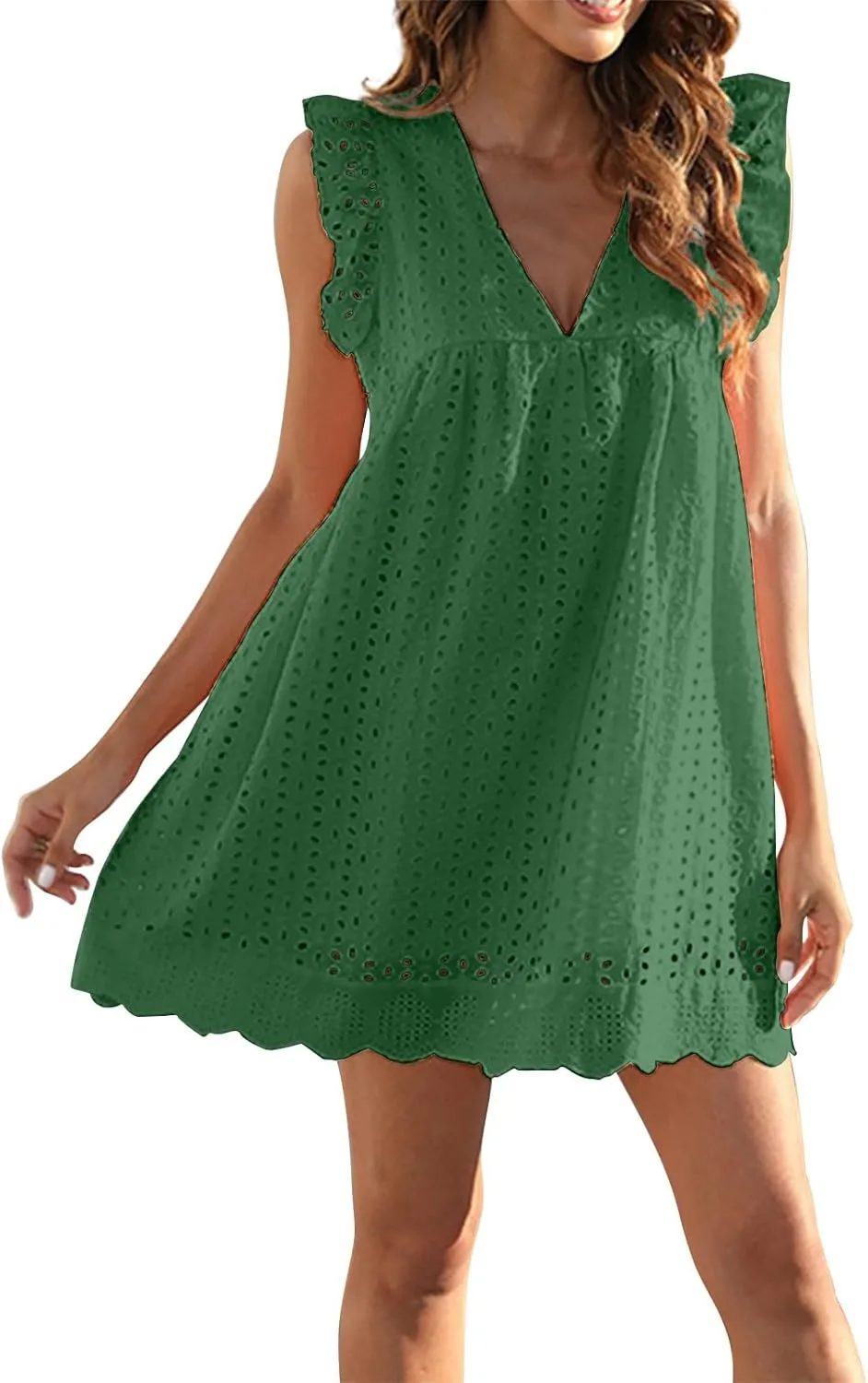 Eyelet Dress for Women 2025 Sleeveless Ruffle Jacquard Lace Cutout Mini Dresses V Neck Loose Boho Beach Vacation Sundresses