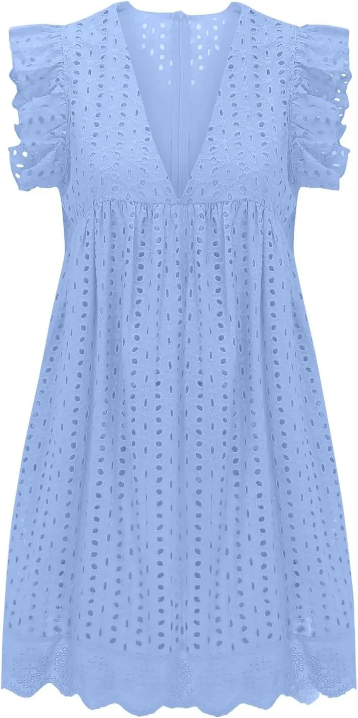 Eyelet Dress for Women 2025 Sleeveless Ruffle Jacquard Lace Cutout Mini Dresses V Neck Loose Boho Beach Vacation Sundresses