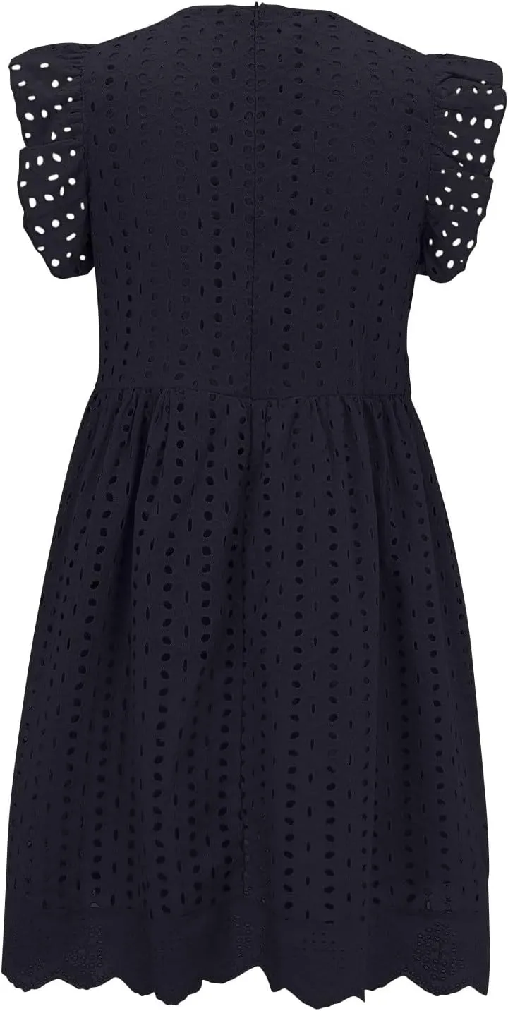 Eyelet Dress for Women 2025 Sleeveless Ruffle Jacquard Lace Cutout Mini Dresses V Neck Loose Boho Beach Vacation Sundresses