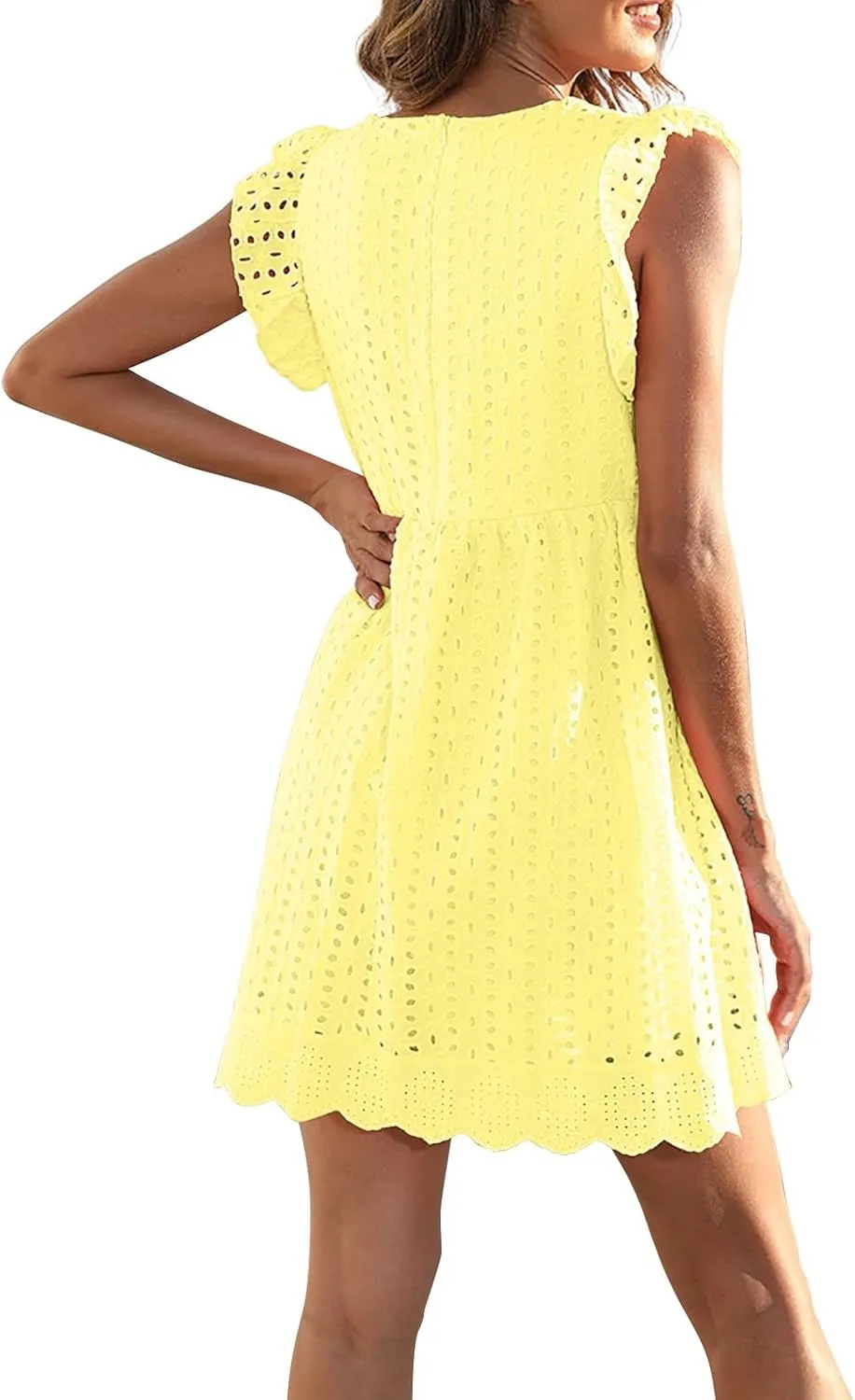 Eyelet Dress for Women 2025 Sleeveless Ruffle Jacquard Lace Cutout Mini Dresses V Neck Loose Boho Beach Vacation Sundresses
