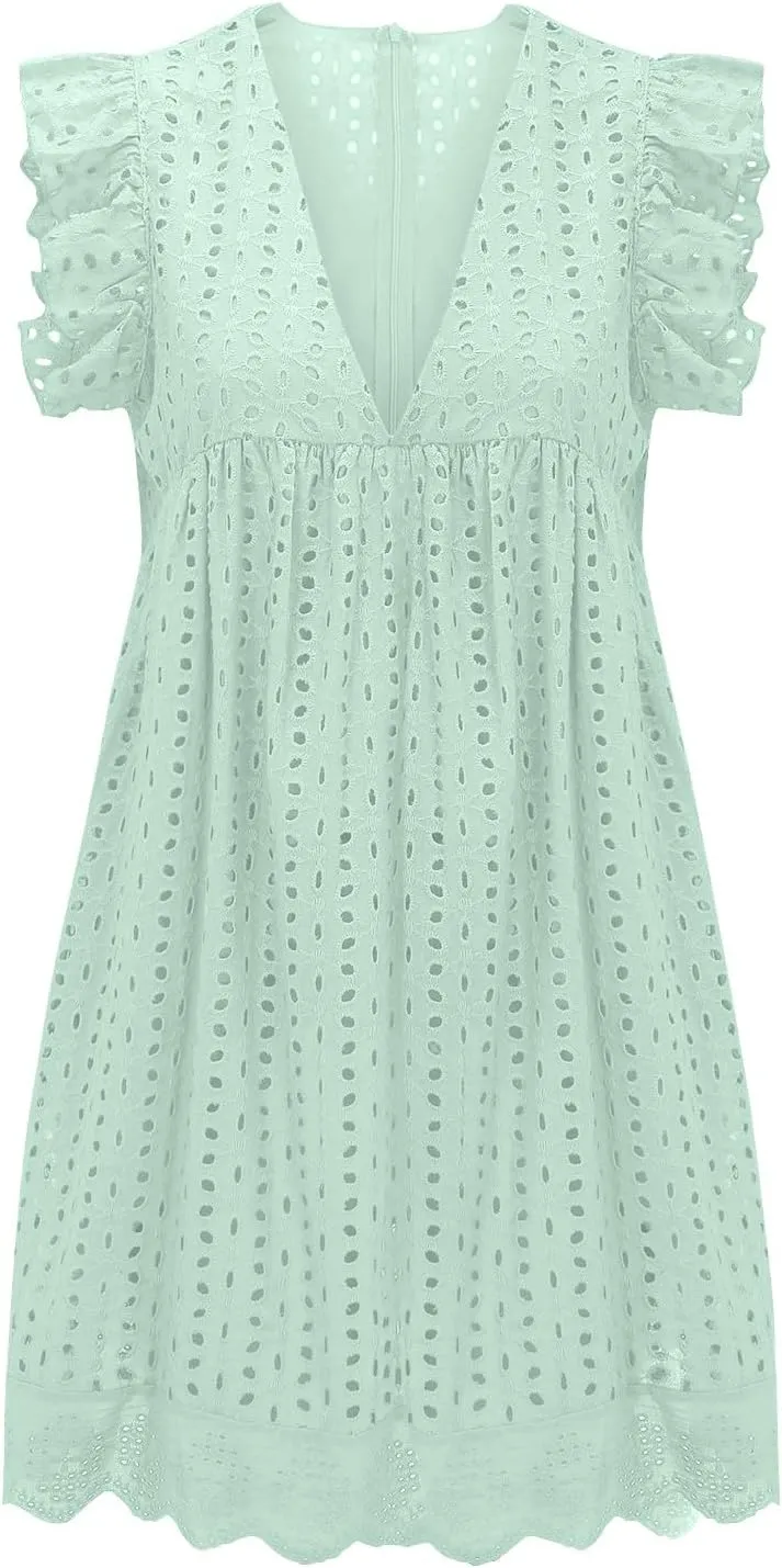 Eyelet Dress for Women 2025 Sleeveless Ruffle Jacquard Lace Cutout Mini Dresses V Neck Loose Boho Beach Vacation Sundresses