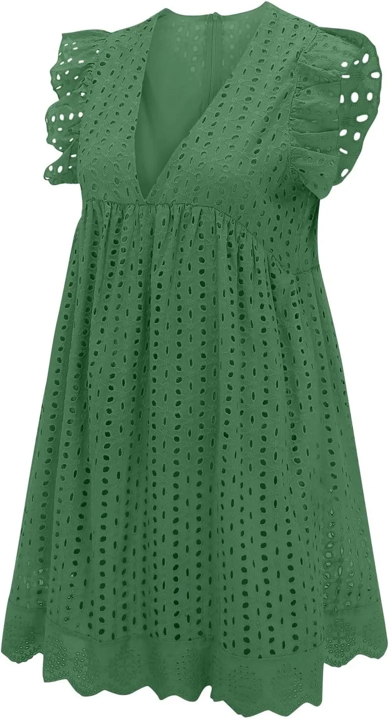 Eyelet Dress for Women 2025 Sleeveless Ruffle Jacquard Lace Cutout Mini Dresses V Neck Loose Boho Beach Vacation Sundresses
