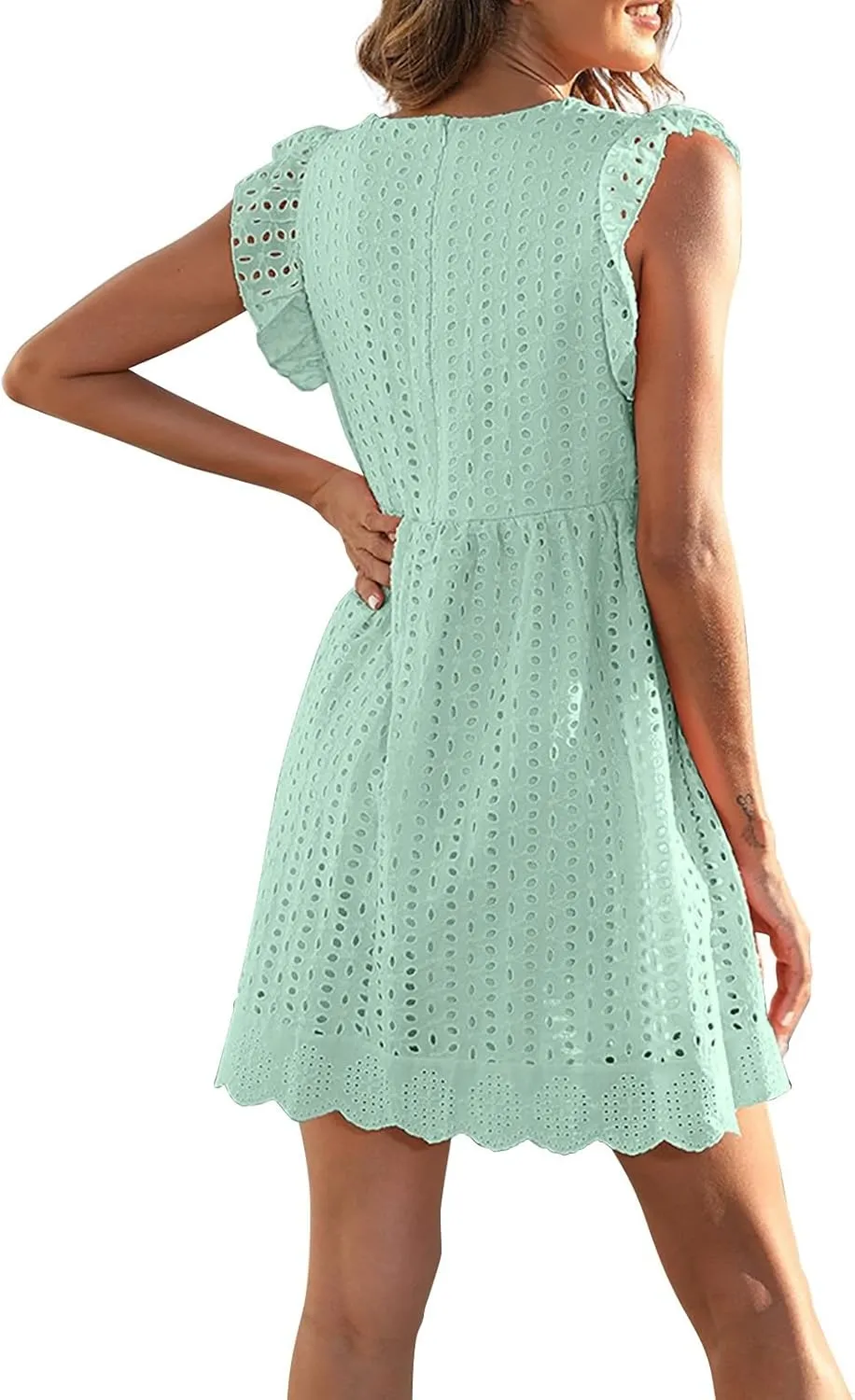 Eyelet Dress for Women 2025 Sleeveless Ruffle Jacquard Lace Cutout Mini Dresses V Neck Loose Boho Beach Vacation Sundresses
