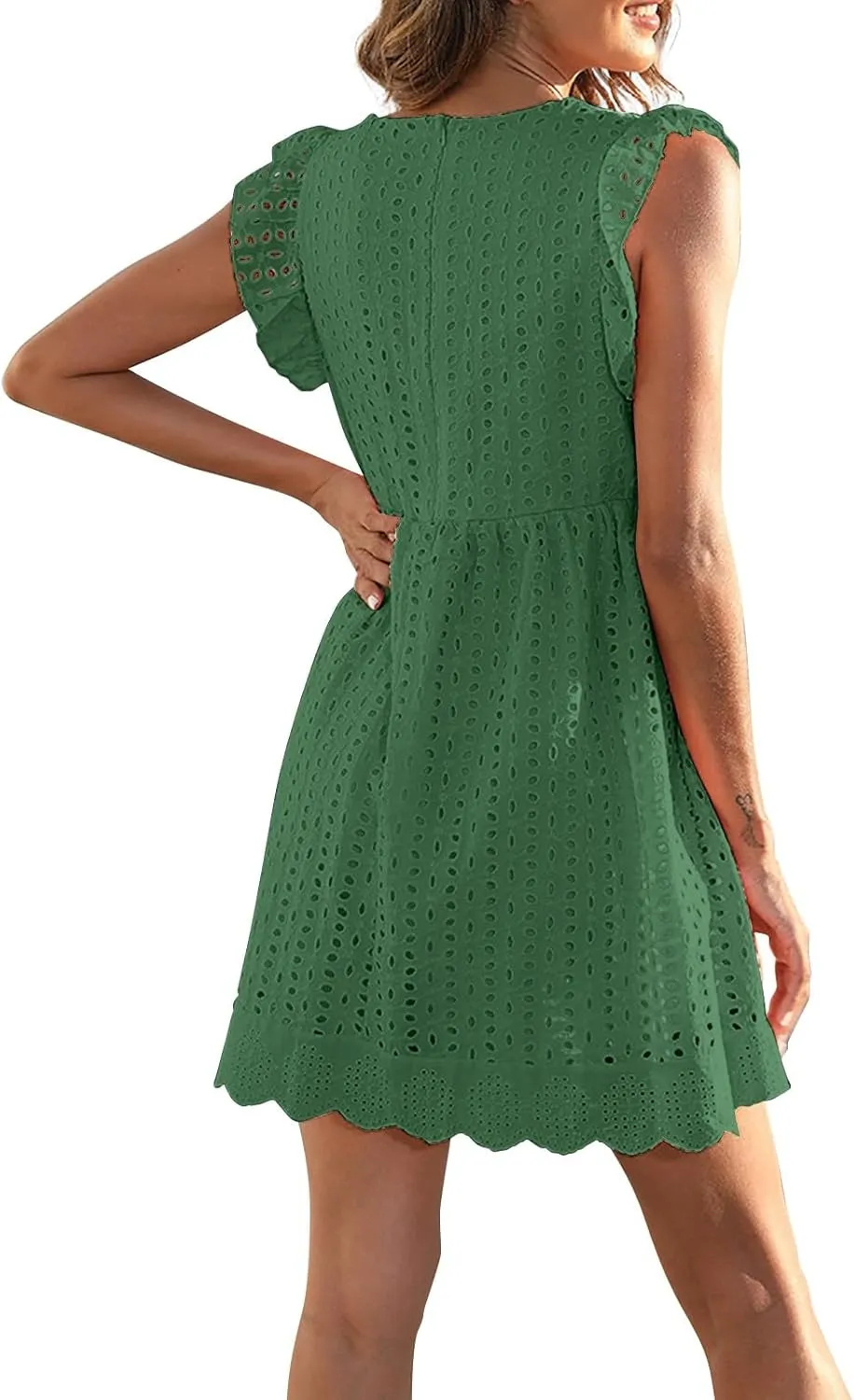 Eyelet Dress for Women 2025 Sleeveless Ruffle Jacquard Lace Cutout Mini Dresses V Neck Loose Boho Beach Vacation Sundresses