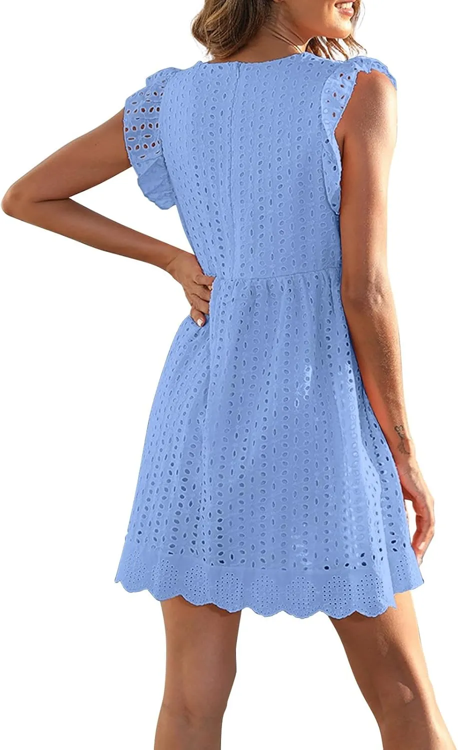 Eyelet Dress for Women 2025 Sleeveless Ruffle Jacquard Lace Cutout Mini Dresses V Neck Loose Boho Beach Vacation Sundresses