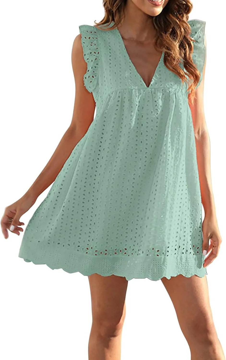 Eyelet Dress for Women 2025 Sleeveless Ruffle Jacquard Lace Cutout Mini Dresses V Neck Loose Boho Beach Vacation Sundresses
