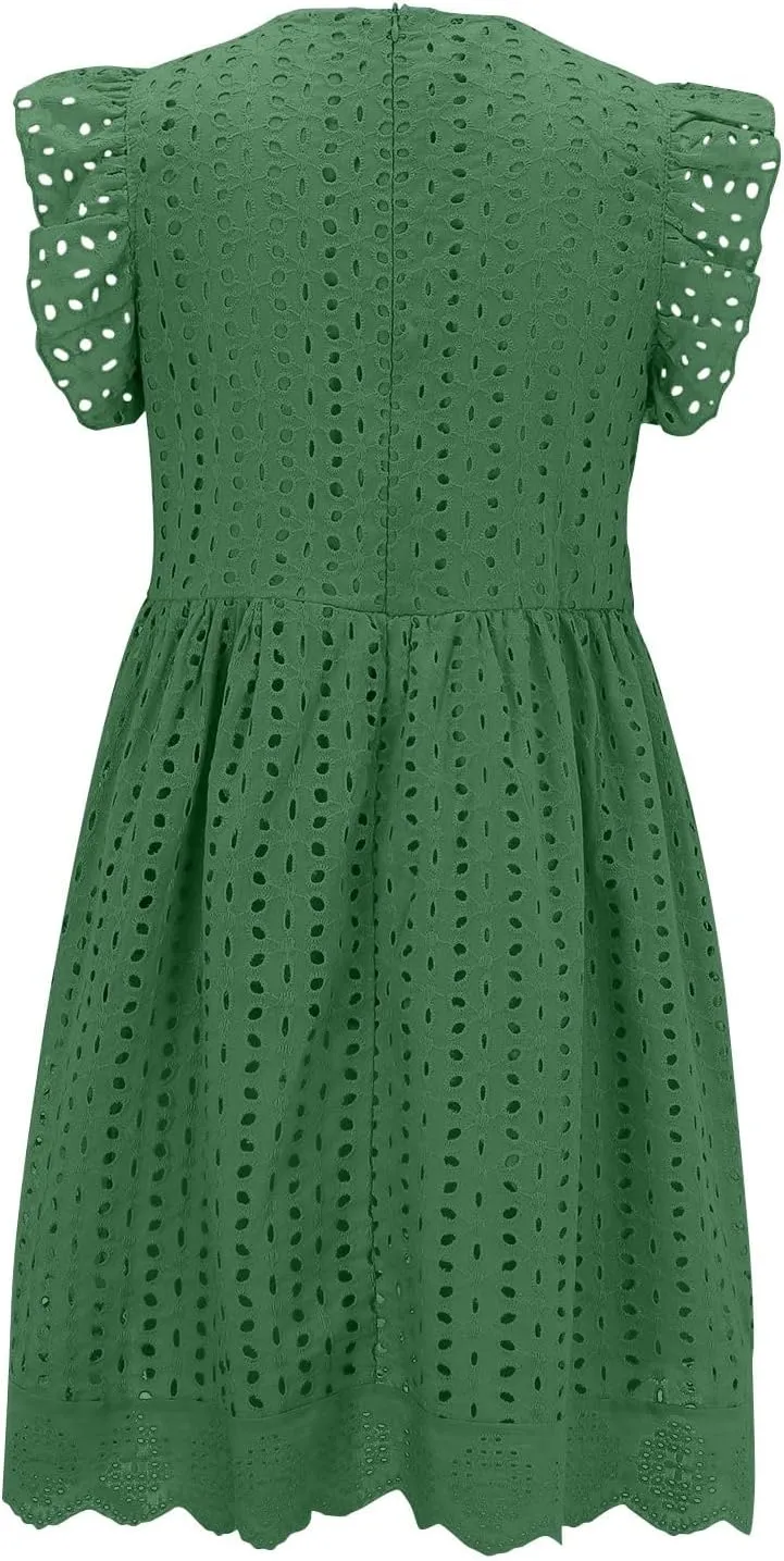 Eyelet Dress for Women 2025 Sleeveless Ruffle Jacquard Lace Cutout Mini Dresses V Neck Loose Boho Beach Vacation Sundresses