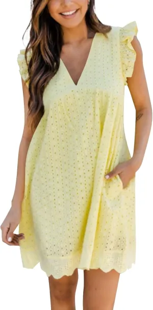 Eyelet Dress for Women 2025 Sleeveless Ruffle Jacquard Lace Cutout Mini Dresses V Neck Loose Boho Beach Vacation Sundresses