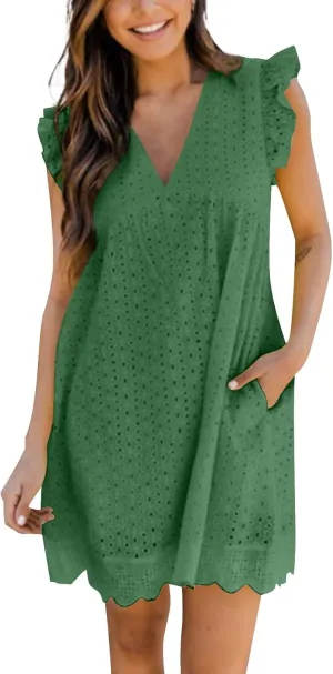 Eyelet Dress for Women 2025 Sleeveless Ruffle Jacquard Lace Cutout Mini Dresses V Neck Loose Boho Beach Vacation Sundresses