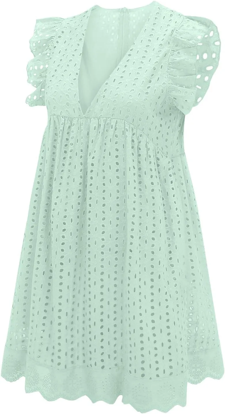 Eyelet Dress for Women 2025 Sleeveless Ruffle Jacquard Lace Cutout Mini Dresses V Neck Loose Boho Beach Vacation Sundresses