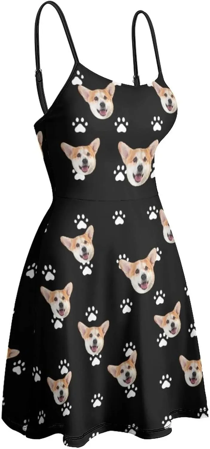 Face Photo Custom Women's Summer Floral Spaghetti Strap Dresses Personalized Gift Sleeveless Sling Sundress Beach