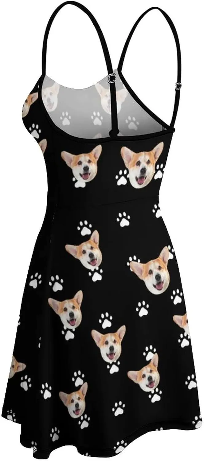 Face Photo Custom Women's Summer Floral Spaghetti Strap Dresses Personalized Gift Sleeveless Sling Sundress Beach