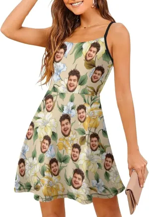 Face Photo Custom Women's Summer Floral Spaghetti Strap Dresses Personalized Gift Sleeveless Sling Sundress Beach
