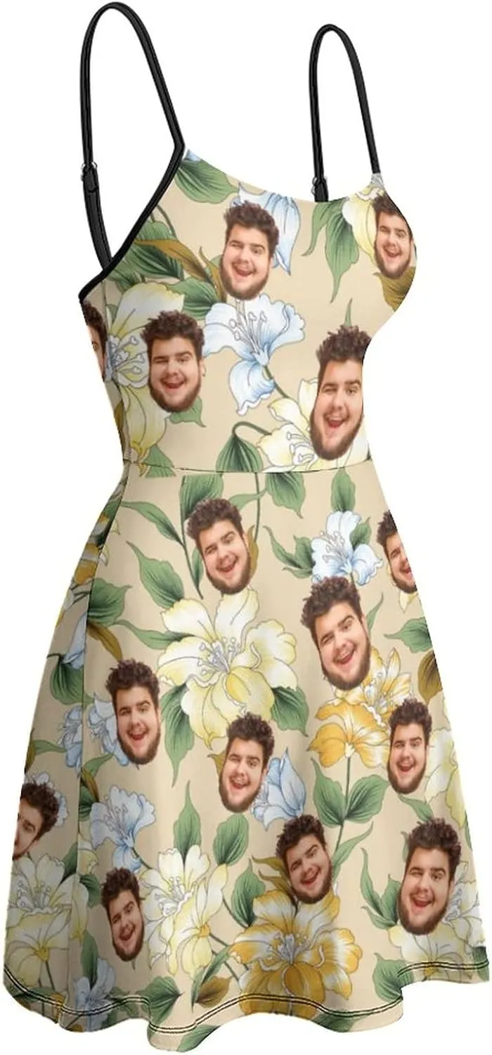 Face Photo Custom Women's Summer Floral Spaghetti Strap Dresses Personalized Gift Sleeveless Sling Sundress Beach