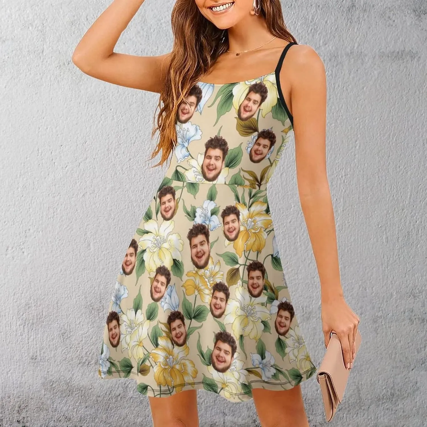 Face Photo Custom Women's Summer Floral Spaghetti Strap Dresses Personalized Gift Sleeveless Sling Sundress Beach