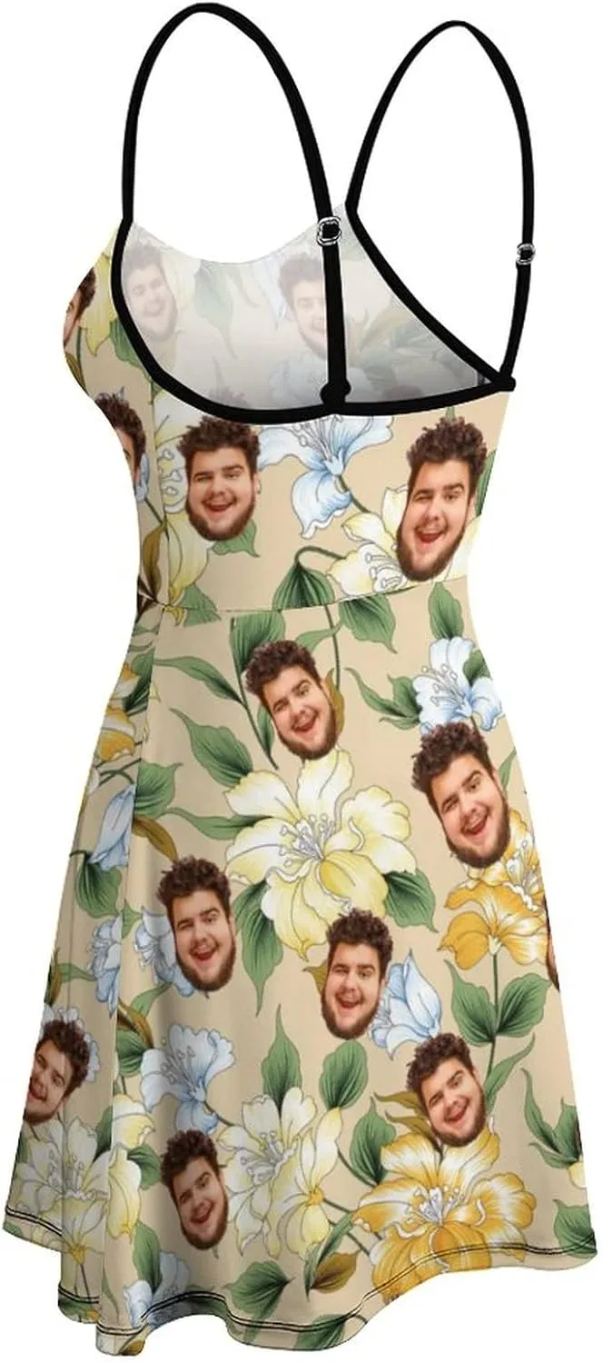 Face Photo Custom Women's Summer Floral Spaghetti Strap Dresses Personalized Gift Sleeveless Sling Sundress Beach