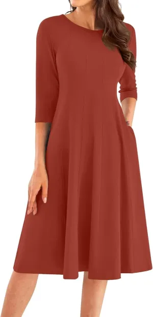Fall Dresses for Women 2024 Casual A Line 3/4 Sleeve Crew Neck Flowy Pleated Midi Tshirt Dress with Pockets