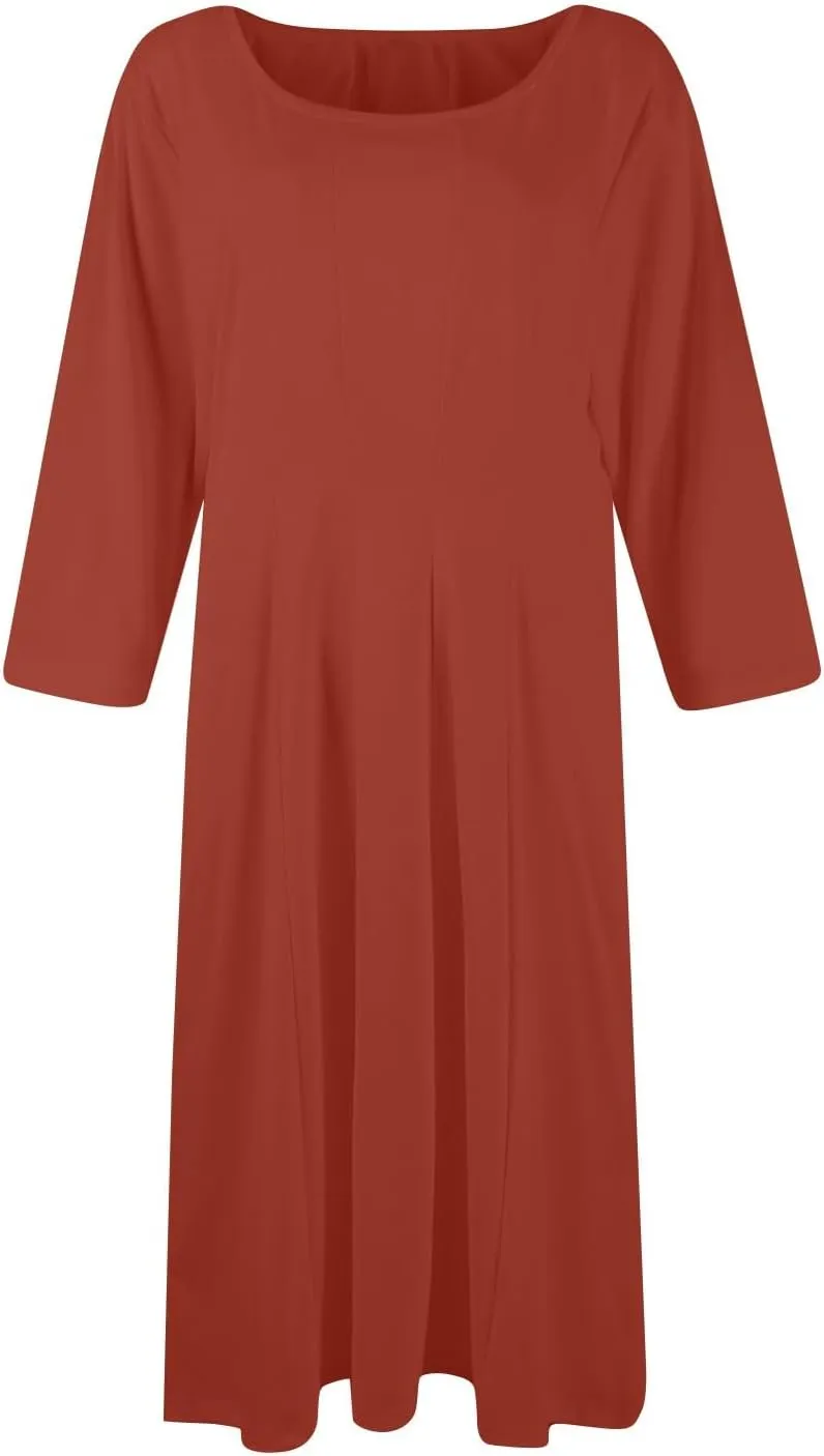 Fall Dresses for Women 2024 Casual A Line 3/4 Sleeve Crew Neck Flowy Pleated Midi Tshirt Dress with Pockets