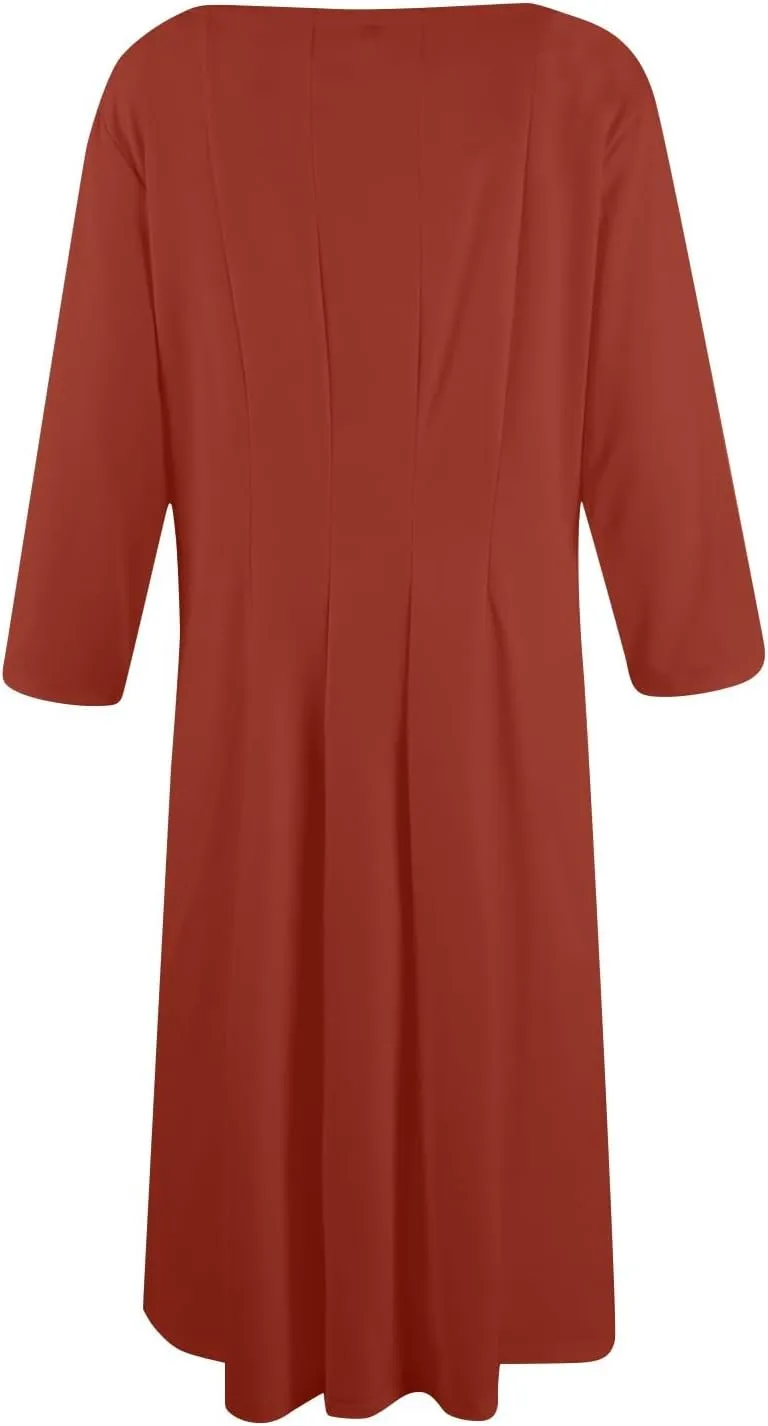 Fall Dresses for Women 2024 Casual A Line 3/4 Sleeve Crew Neck Flowy Pleated Midi Tshirt Dress with Pockets