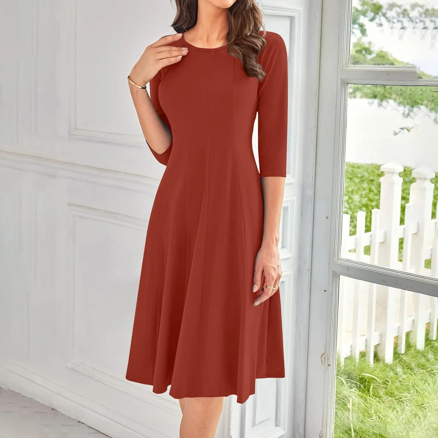 Fall Dresses for Women 2024 Casual A Line 3/4 Sleeve Crew Neck Flowy Pleated Midi Tshirt Dress with Pockets