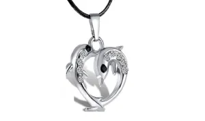 Fashion Silver Plated Dolphin Heart Pendant Black Cord Necklace