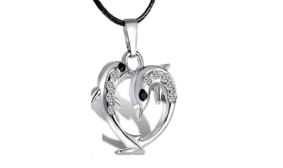 Fashion Silver Plated Dolphin Heart Pendant Black Cord Necklace