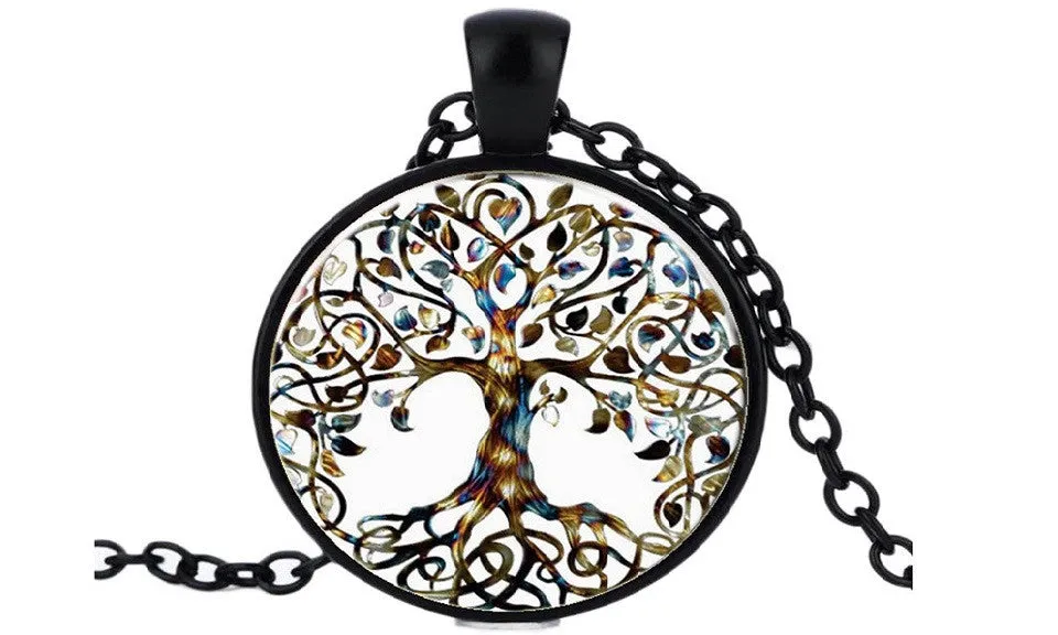 Fashion Style Life Tree Time Gem Glass Pendant Necklace 
