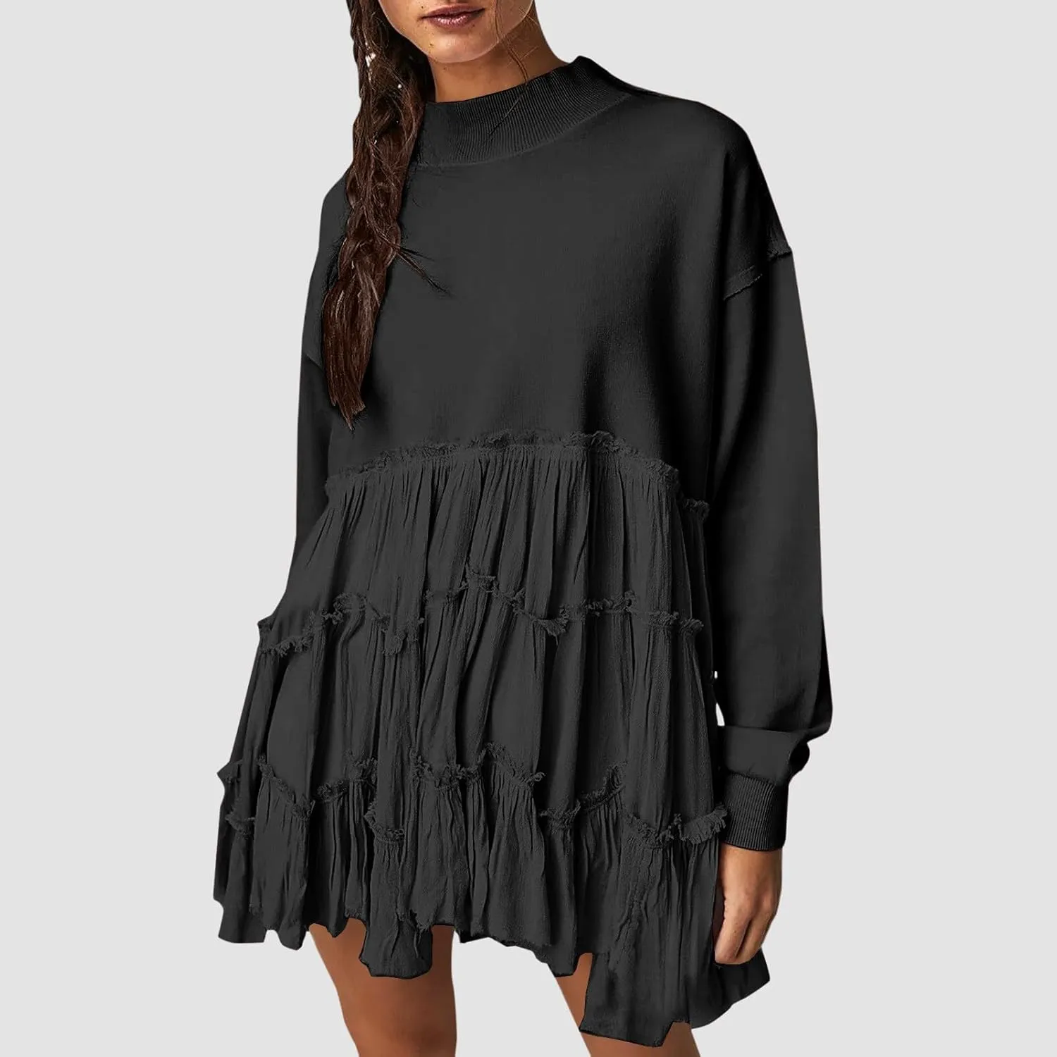 Firzero Womens Oversized Sweatshirt Dress Patchwork Long Sleeve Crewneck Pleated Mini Dresses 2024 Casual Pullover Tops