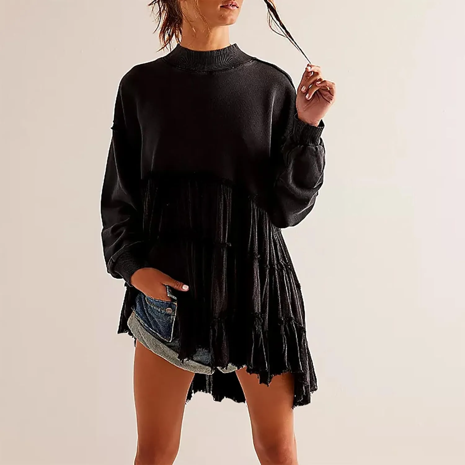 Firzero Womens Oversized Sweatshirt Dress Patchwork Long Sleeve Crewneck Pleated Mini Dresses 2024 Casual Pullover Tops
