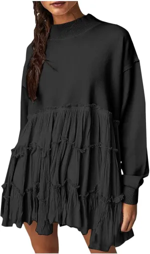 Firzero Womens Oversized Sweatshirt Dress Patchwork Long Sleeve Crewneck Pleated Mini Dresses 2024 Casual Pullover Tops