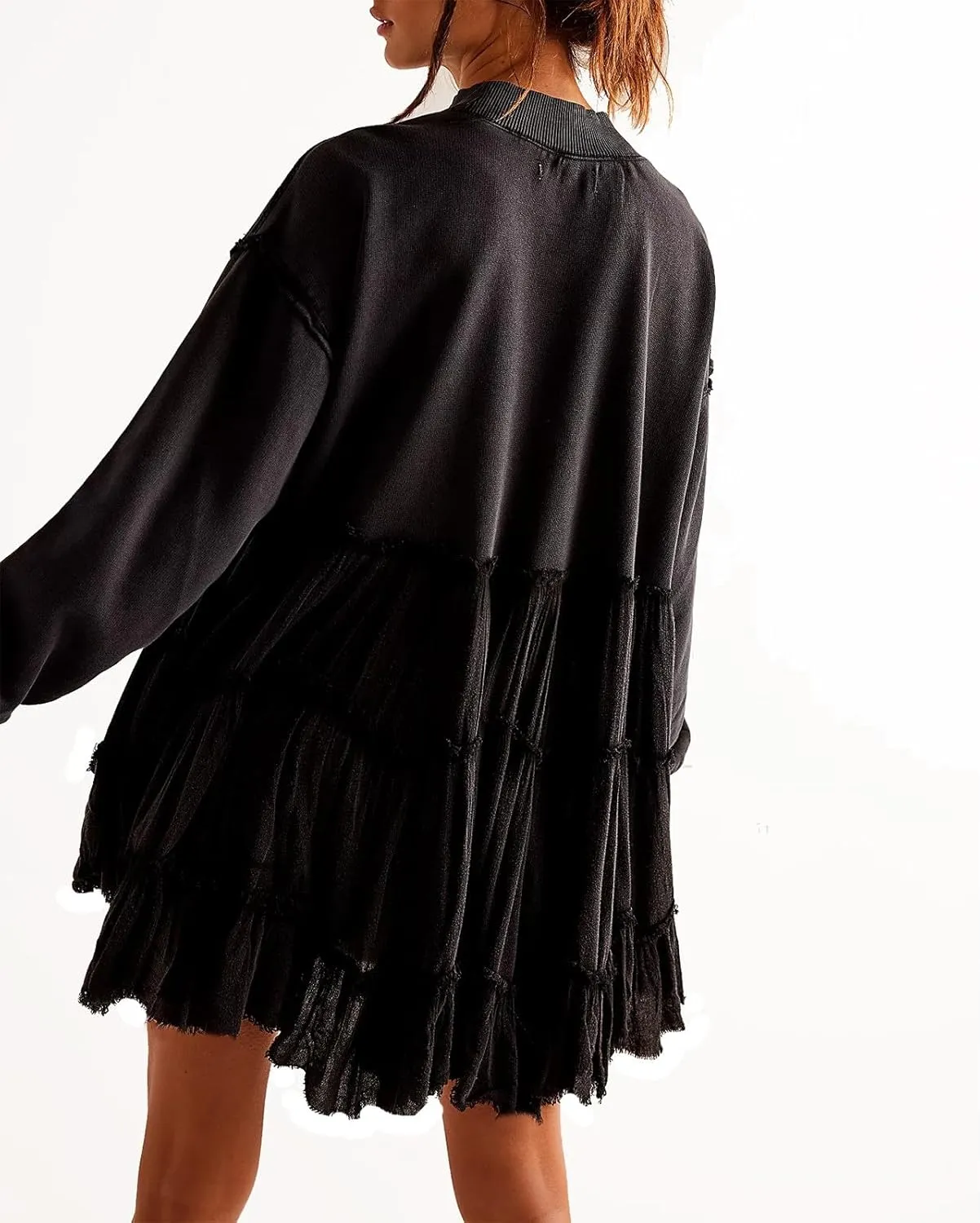 Firzero Womens Oversized Sweatshirt Dress Patchwork Long Sleeve Crewneck Pleated Mini Dresses 2024 Casual Pullover Tops