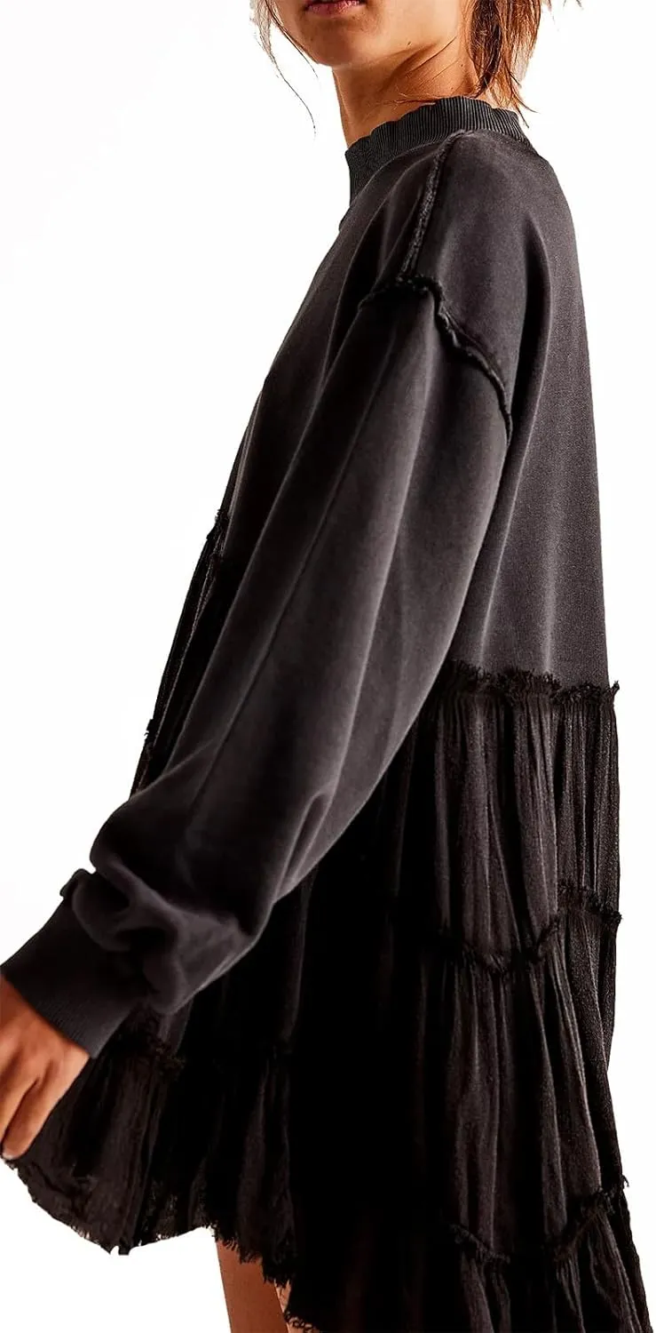 Firzero Womens Oversized Sweatshirt Dress Patchwork Long Sleeve Crewneck Pleated Mini Dresses 2024 Casual Pullover Tops