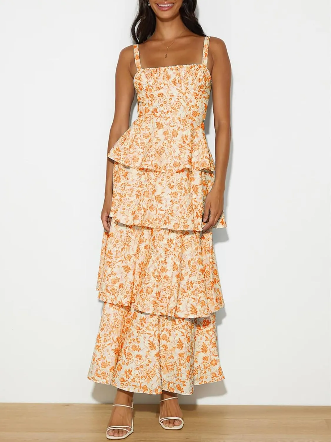 Fisoew Womens Floral Maxi Dresses Spaghetti Strap Casual Sleeveless Ruffle Flowy Tiered Dress
