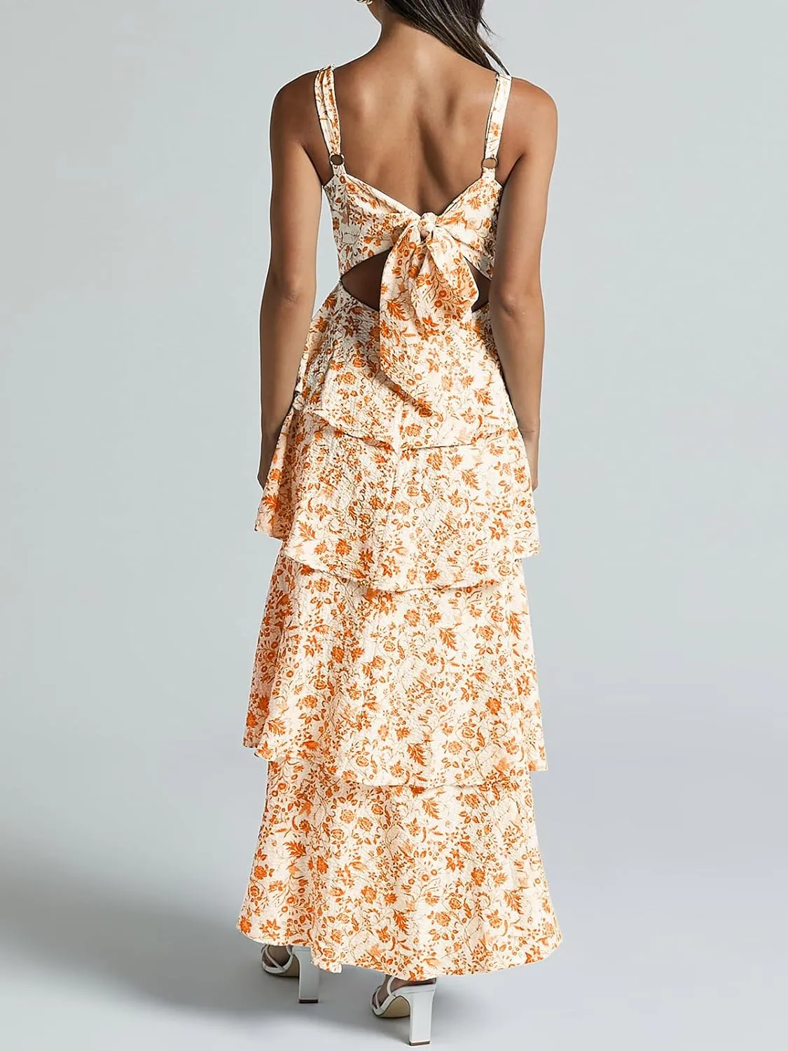 Fisoew Womens Floral Maxi Dresses Spaghetti Strap Casual Sleeveless Ruffle Flowy Tiered Dress