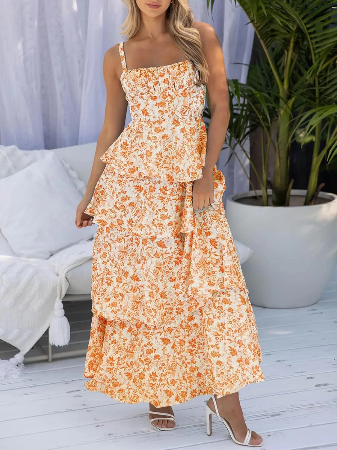 Fisoew Womens Floral Maxi Dresses Spaghetti Strap Casual Sleeveless Ruffle Flowy Tiered Dress
