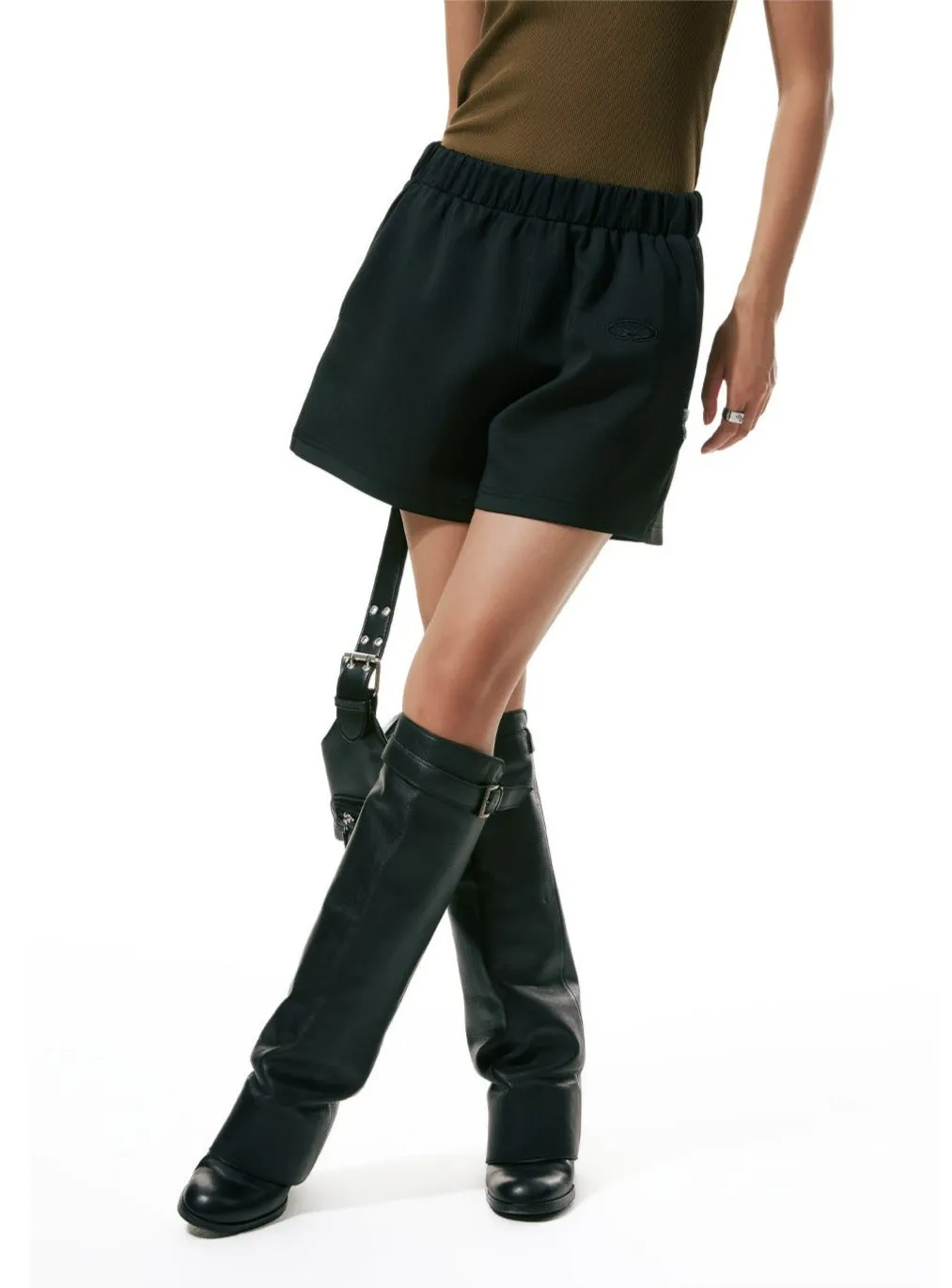 Flare Embroidered Elastic Waistband Sweatpant Shorts