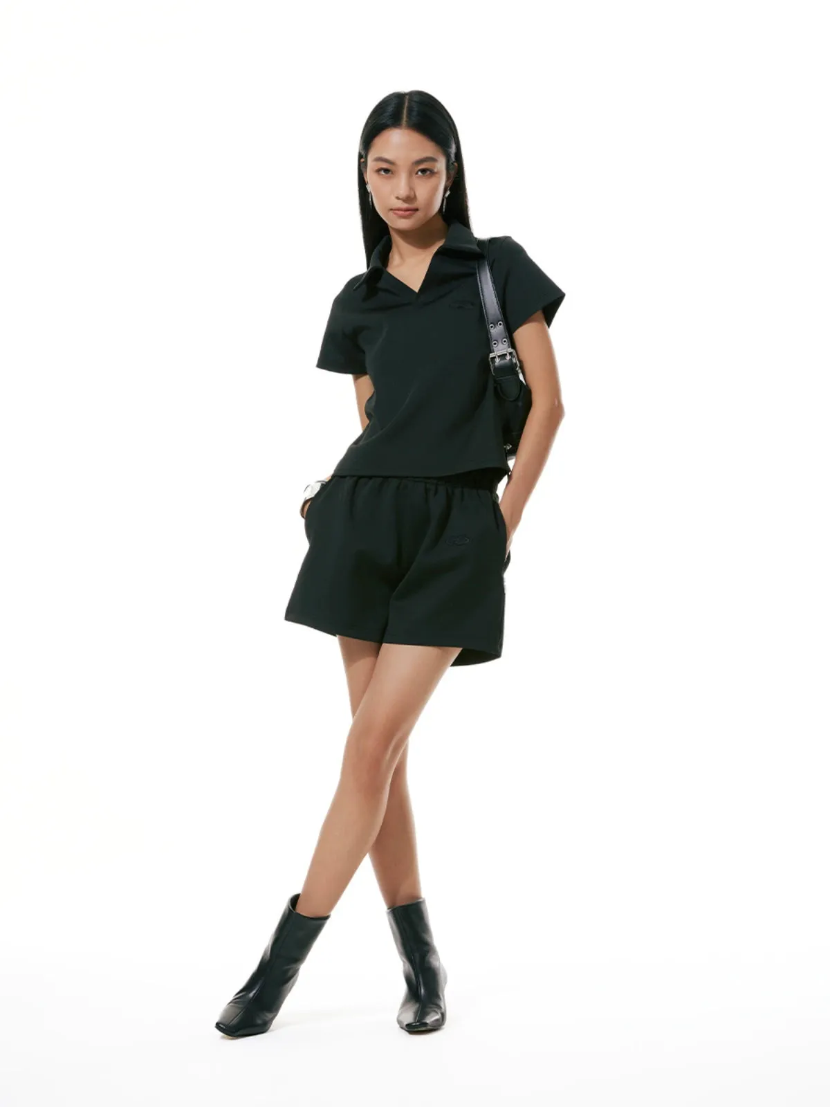 Flare Embroidered Elastic Waistband Sweatpant Shorts