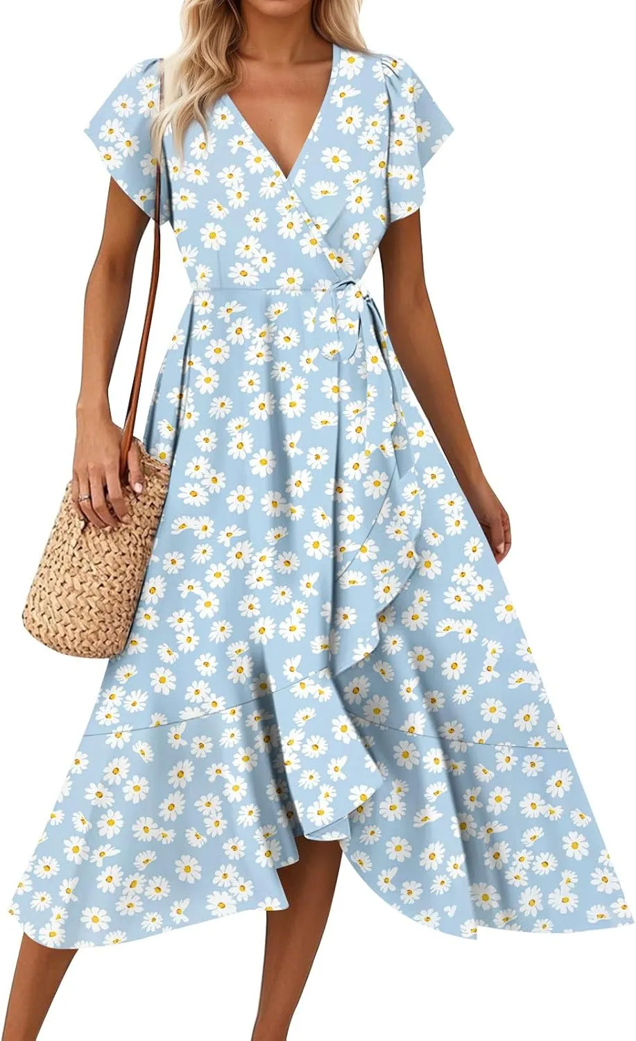 Floral Dresses for Women 2025 Summer Elegant Party Ruffle Midi Dresses Short Sleeve V Neck Asymmetric Hem Fashion Dress