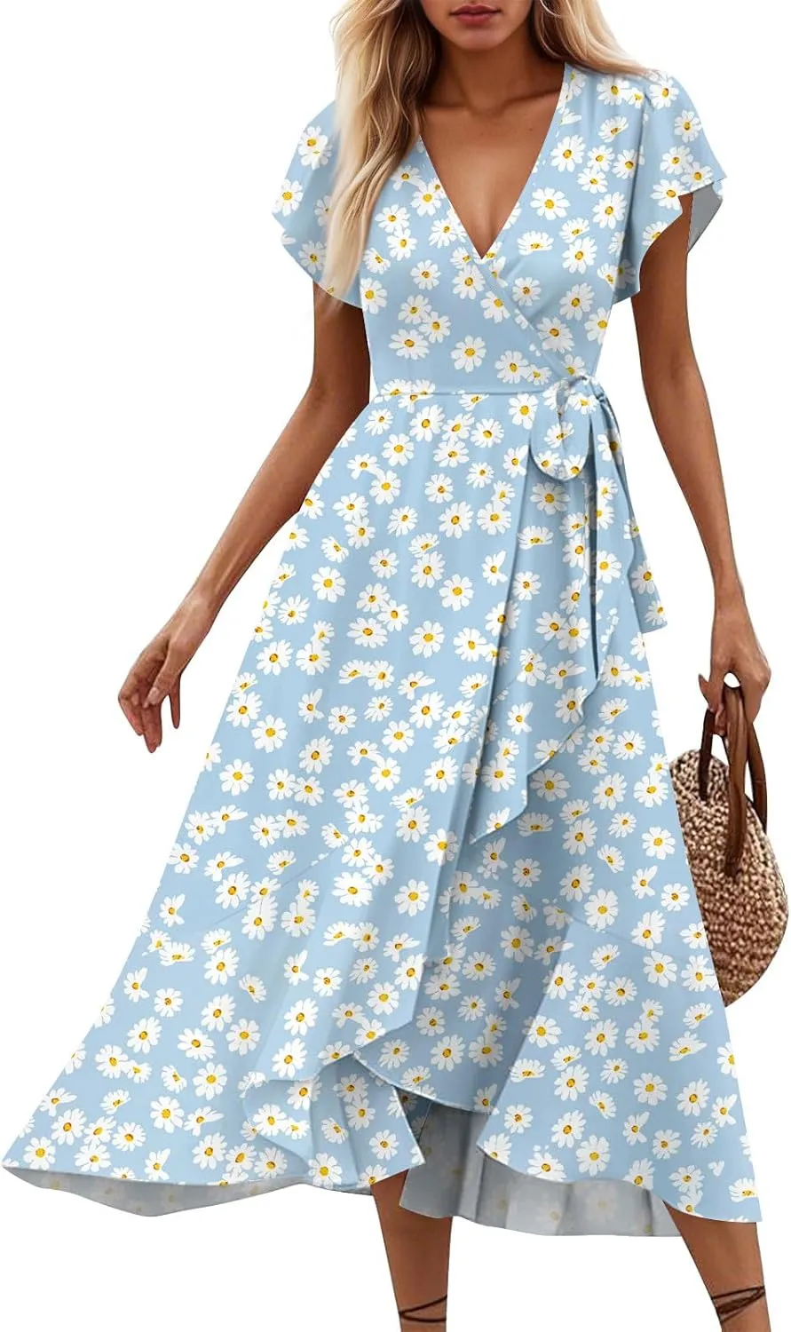 Floral Dresses for Women 2025 Summer Elegant Party Ruffle Midi Dresses Short Sleeve V Neck Asymmetric Hem Fashion Dress