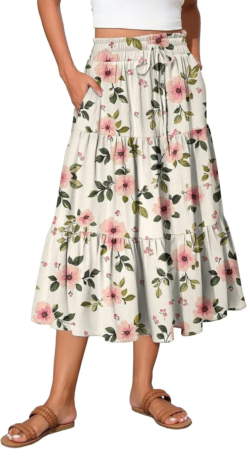 Floral Midi Skirt for Women Summer Comfy Tiered Elastic High Waisted Vacation A-Line Flowy Swing Long