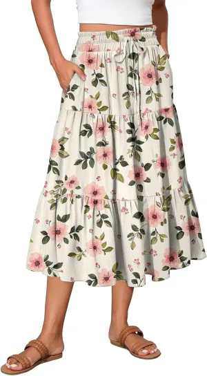 Floral Midi Skirt for Women Summer Comfy Tiered Elastic High Waisted Vacation A-Line Flowy Swing Long