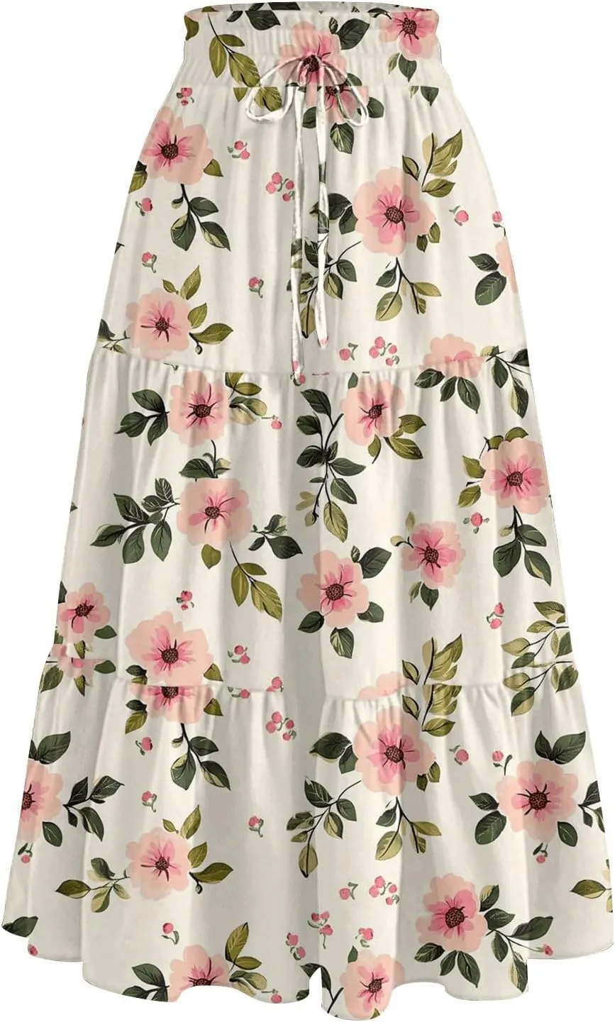 Floral Midi Skirt for Women Summer Comfy Tiered Elastic High Waisted Vacation A-Line Flowy Swing Long
