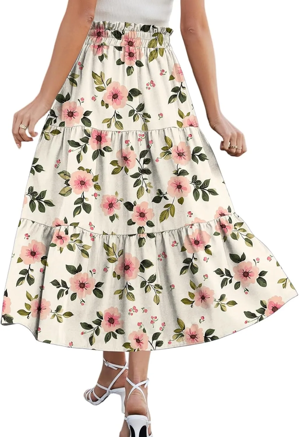 Floral Midi Skirt for Women Summer Comfy Tiered Elastic High Waisted Vacation A-Line Flowy Swing Long