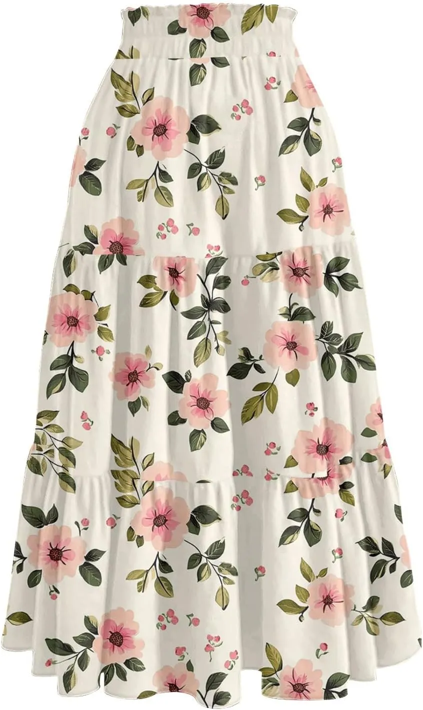 Floral Midi Skirt for Women Summer Comfy Tiered Elastic High Waisted Vacation A-Line Flowy Swing Long