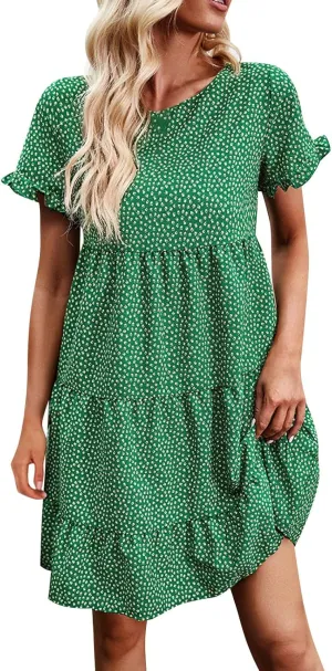 Flower Dresses for Women, Summer Casual Boho Dress Floral Ruffle Hem Puff Sleeve High Waist Midi Beach Dresses Comfy