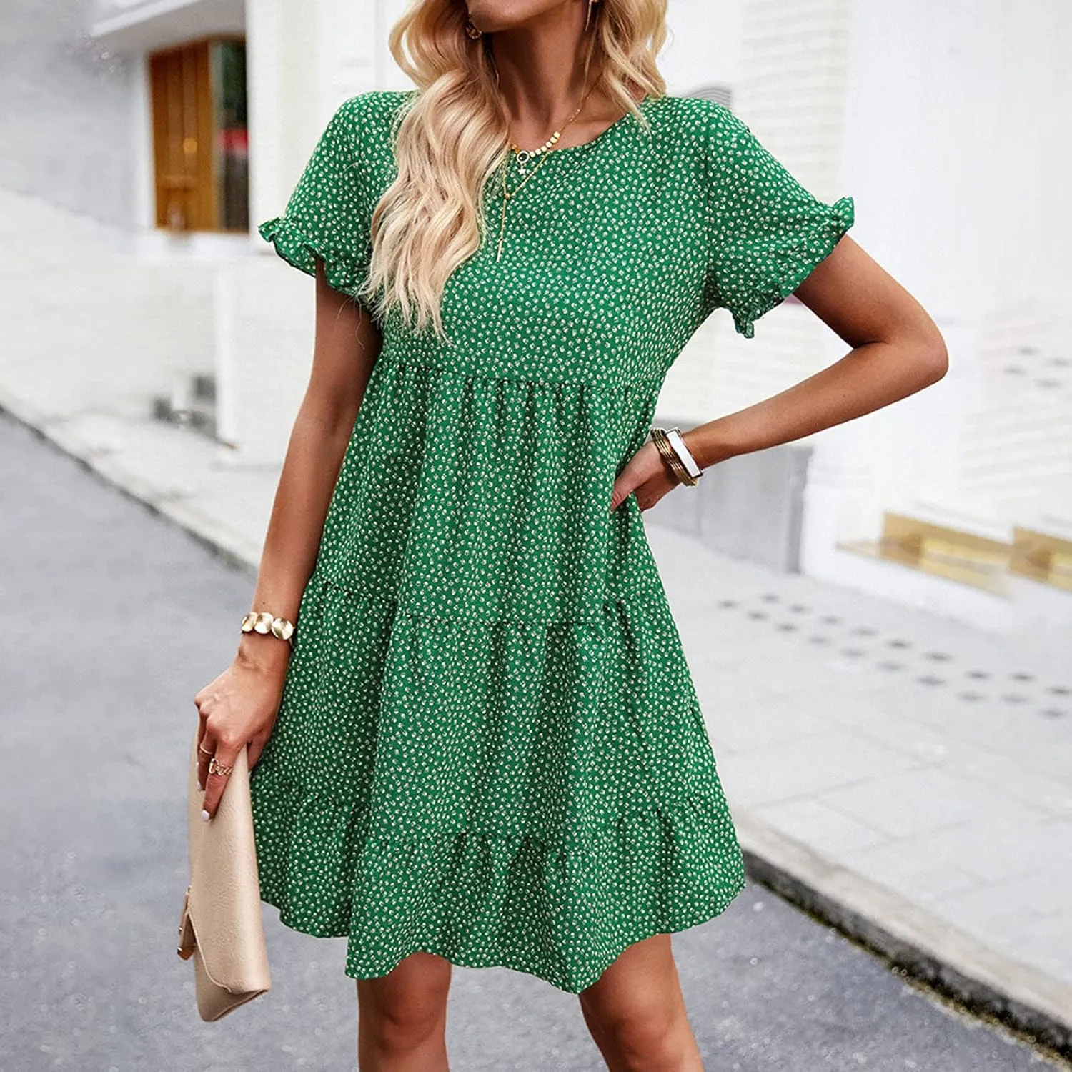 Flower Dresses for Women, Summer Casual Boho Dress Floral Ruffle Hem Puff Sleeve High Waist Midi Beach Dresses Comfy